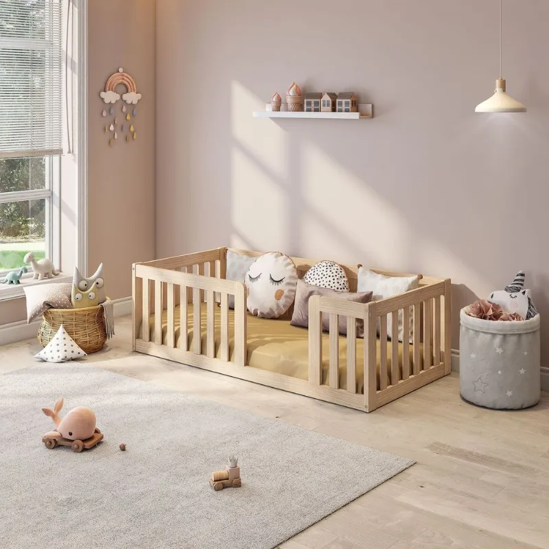 Mini Cama Montessoriana com Grade Giulia Casatema Marrom/Bege Natural/Bege