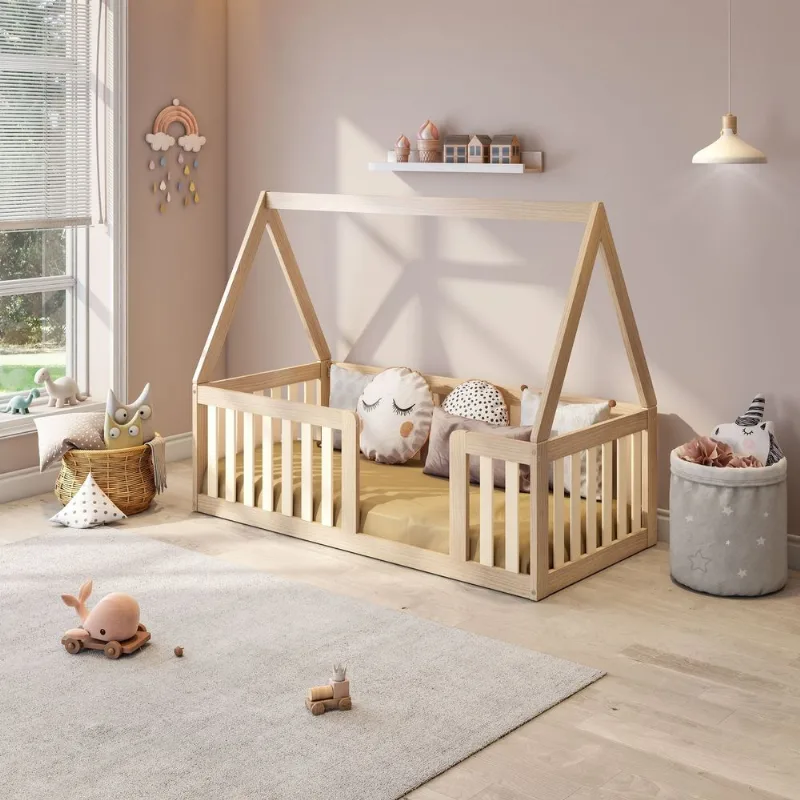 Mini Cama Montessoriana com Grade e Telhado Giulia Casatema Marrom/Bege Natural/Bege