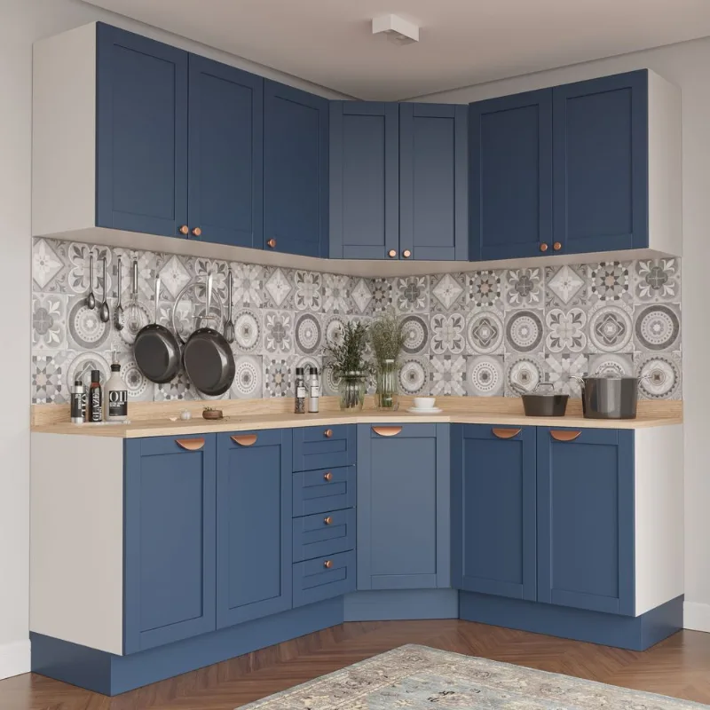Cozinha Planejada 6 Peças com Tampo 3 Aéreos e 3 Balcões Arizona CabeCasa MadeiraOriginals Azul/Branco Branco/Azul