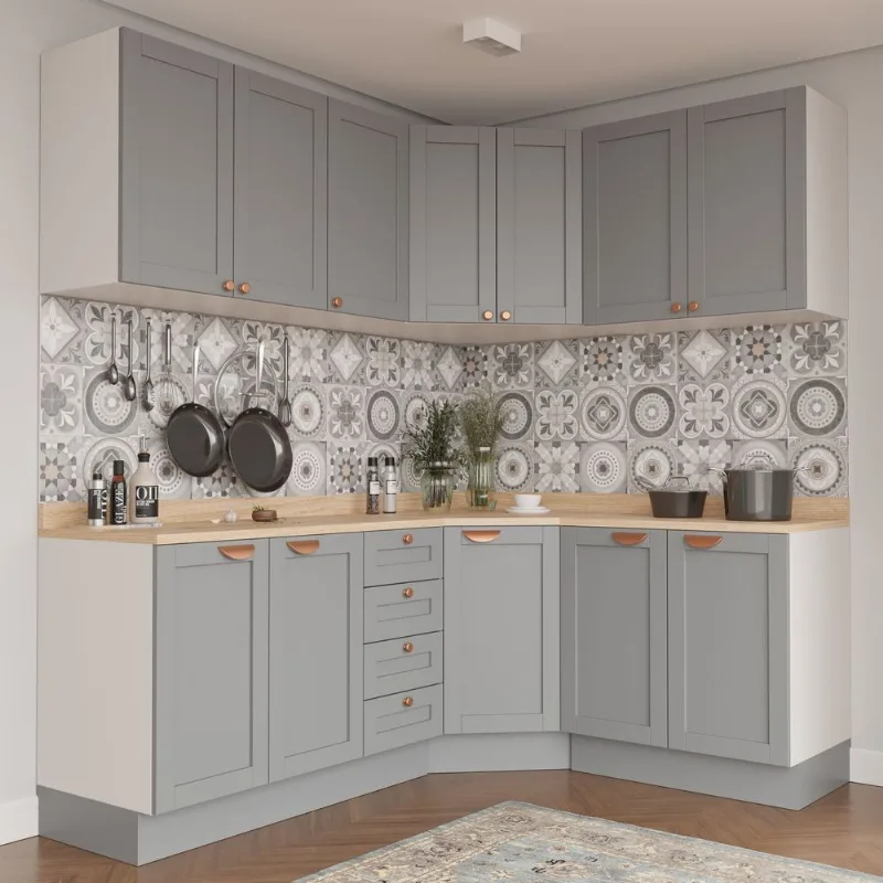 Cozinha Modulada 6 Peças com Tampo 3 Aéreos e 3 Balcões Arizona CabeCasa MadeiraOriginals Cinza/Branco Branco/Cinza Claro