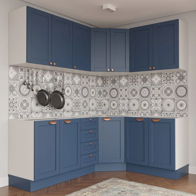 Cozinha Planejada 6 Peças sem Tampo 3 Aéreos e 3 Balcões Arizona CabeCasa MadeiraOriginals Azul/Branco Branco/Azul