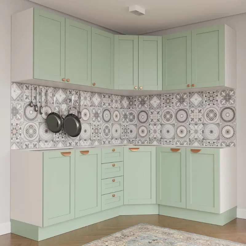 Cozinha Planejada 6 Peças sem Tampo 3 Aéreos e 3 Balcões Arizona CabeCasa MadeiraOriginals Verde/Branco/Menta Branco/Menta