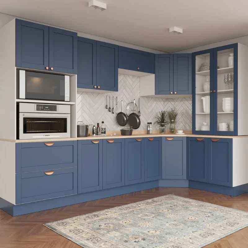 Cozinha Planejada 9 Peças 1 Tampo 4 Aéreos 4 Balcões e Torre Quente Arizona CabeCasa MadeiraOriginals Branco/Azul