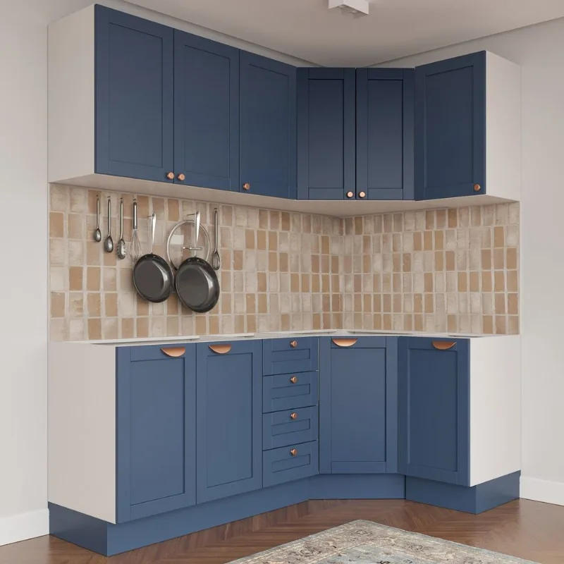 Cozinha Planejada 6 Peças com Tampo 3 Aéreos 6 Portas e 3 Balcões Arizona CabeCasa MadeiraOriginals Azul Branco/Azul