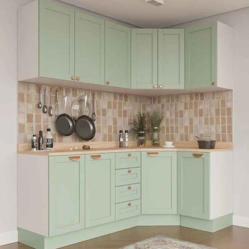 Cozinha Planejada 6 Peças com Tampo 3 Aéreos 6 Portas e 3 Balcões Arizona CabeCasa MadeiraOriginals Verde Branco/Menta