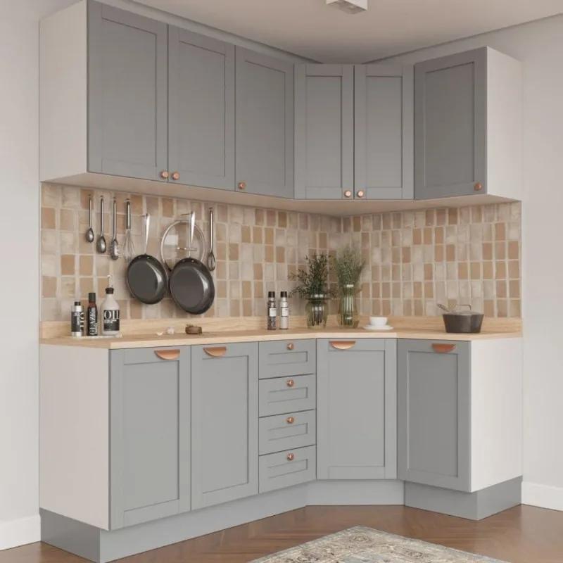 Cozinha Modulada 6 Peças com Tampo 3 Aéreos 6 Portas e 3 Balcões Arizona CabeCasa MadeiraOriginals Cinza Branco/Cinza