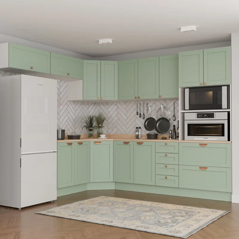 Cozinha Planejada 8 Peças 1 Tampo 4 Aéreos 3 Balcões e Torre Quente Arizona CabeCasa MadeiraOriginals Verde/Branco/Menta Branco e Menta