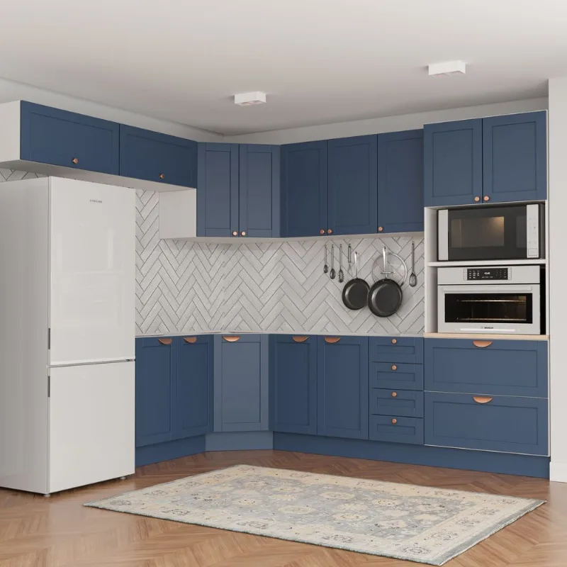 Cozinha Planejada 8 Peças 4 Aéreos 3 Balcões e Torre Quente Arizona CabeCasa MadeiraOriginals Azul/Branco Branco e Azul