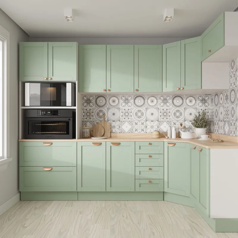 Cozinha Planejada 7 Peças 1 Tampo 3 Aéreos 3 Balcões e Torre Quente Arizona CabeCasa MadeiraOriginals Verde/Branco/Menta Branco e Menta