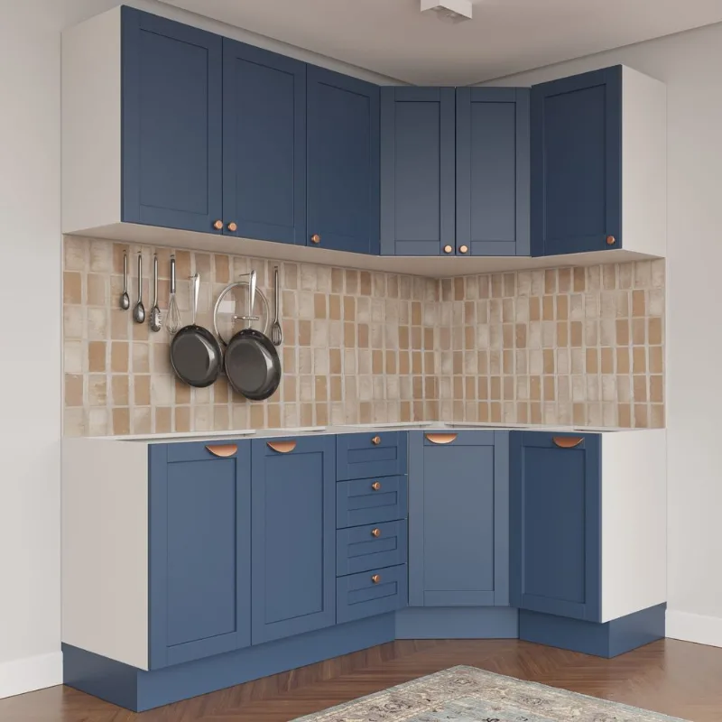 Cozinha Planejada 6 Peças sem Tampo 3 Aéreos 6 Portas e 3 Balcões Arizona CabeCasa MadeiraOriginals Azul Branco/Azul