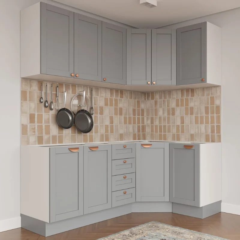 Cozinha Modulada 6 Peças sem Tampo 3 Aéreos 6 Portas e 3 Balcões Arizona CabeCasa MadeiraOriginals Cinza Branco/Cinza