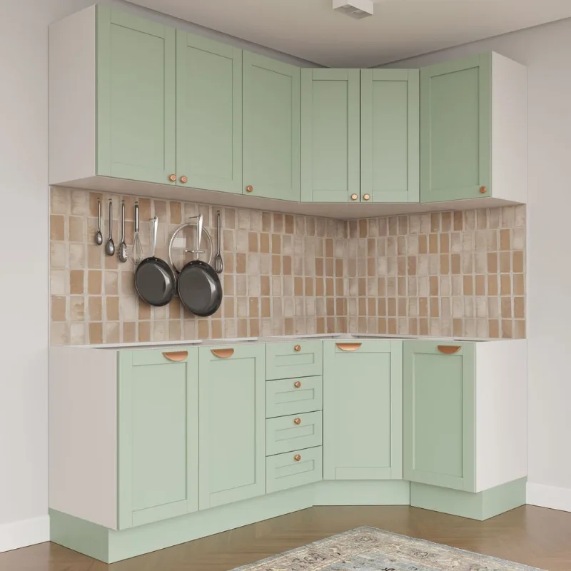 Cozinha Planejada 6 Peças sem Tampo 3 Aéreos 6 Portas e 3 Balcões Arizona CabeCasa MadeiraOrigina Branco/Menta
