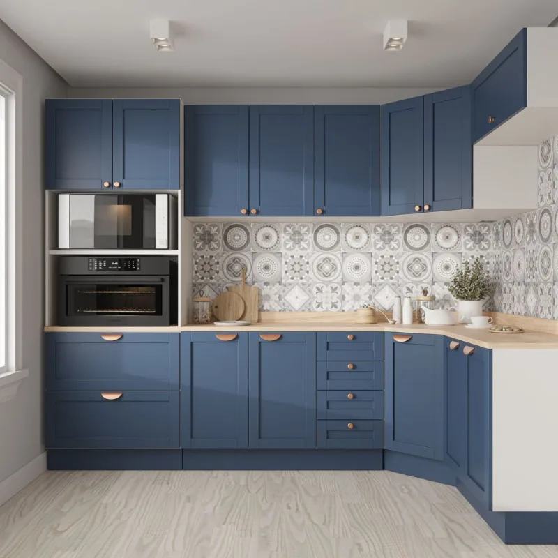Cozinha Planejada 7 Peças 1 Tampo 3 Aéreos 3 Balcões e Torre Quente Arizona CabeCasa MadeiraOriginals Azul/Branco Branco e Azul