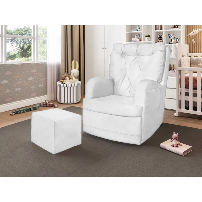 Poltrona de Amamentação Balanço com Puff em Corino Ludmila Branco Branco