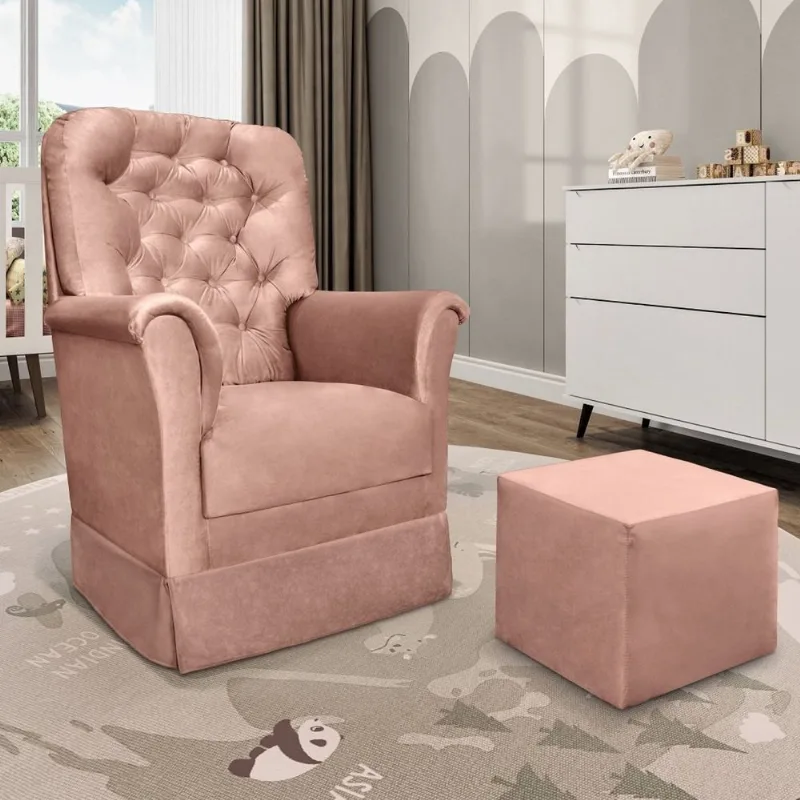 Poltrona de Amamentação com Balanço e Puff Veludo Agatha Rosa Rosa
