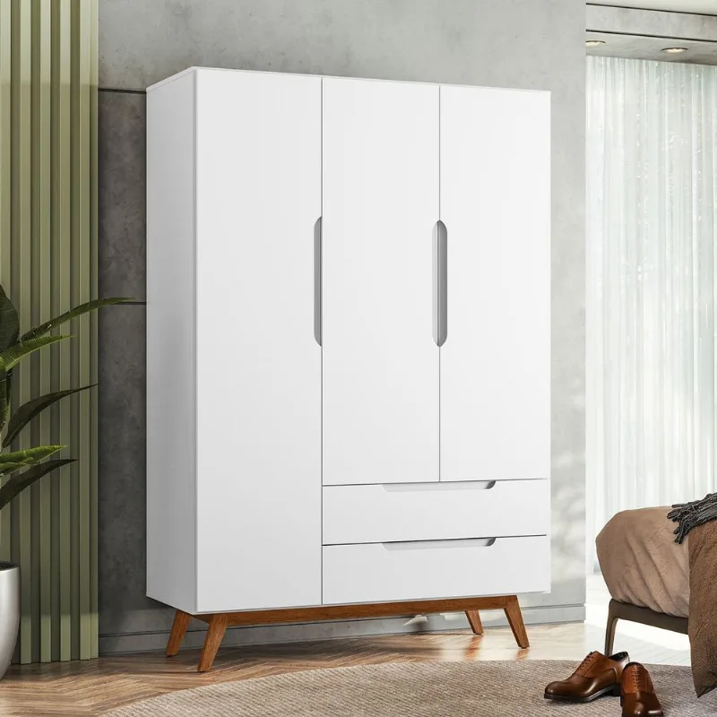 Guarda Roupa Solteiro Retrô 3 Portas 2 Gavetas Alpi Branco Branco