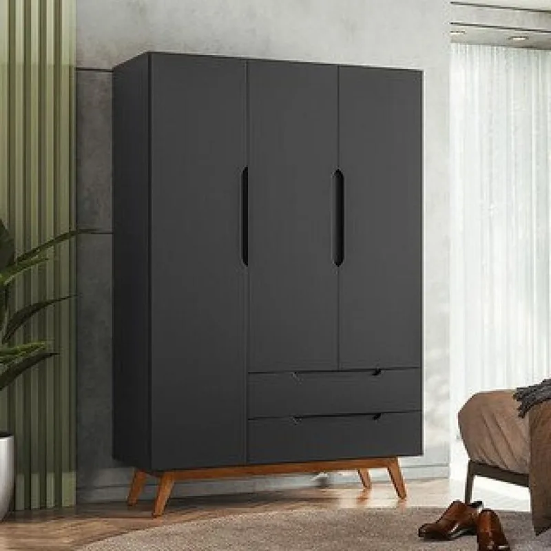 Guarda Roupa Solteiro Retrô 3 Portas 2 Gavetas Alpi Preto Preto