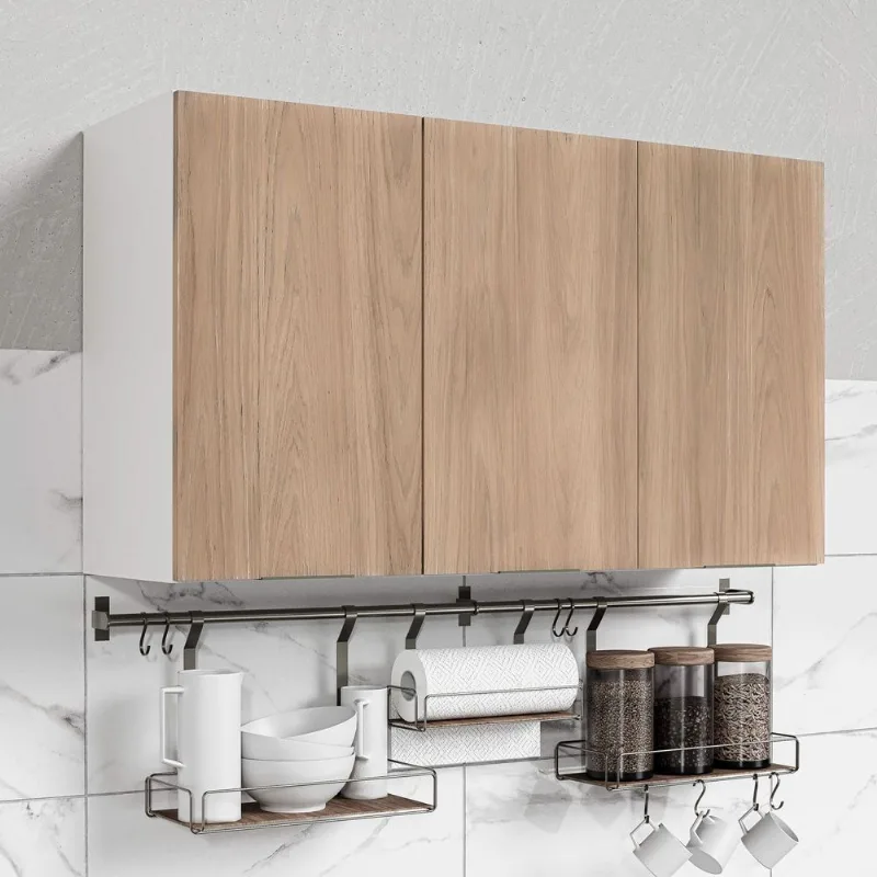 Armário Aéreo Planejado 3 Portas 120cm Puxador 150mm Ipanema CabeCasa MadeiraOriginals Acácia/Branco