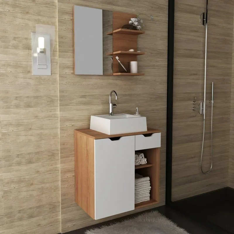 Gabinete Para Banheiro Com Espelheira E Cuba Bn3619 Tecnomobili Amendoa/branco