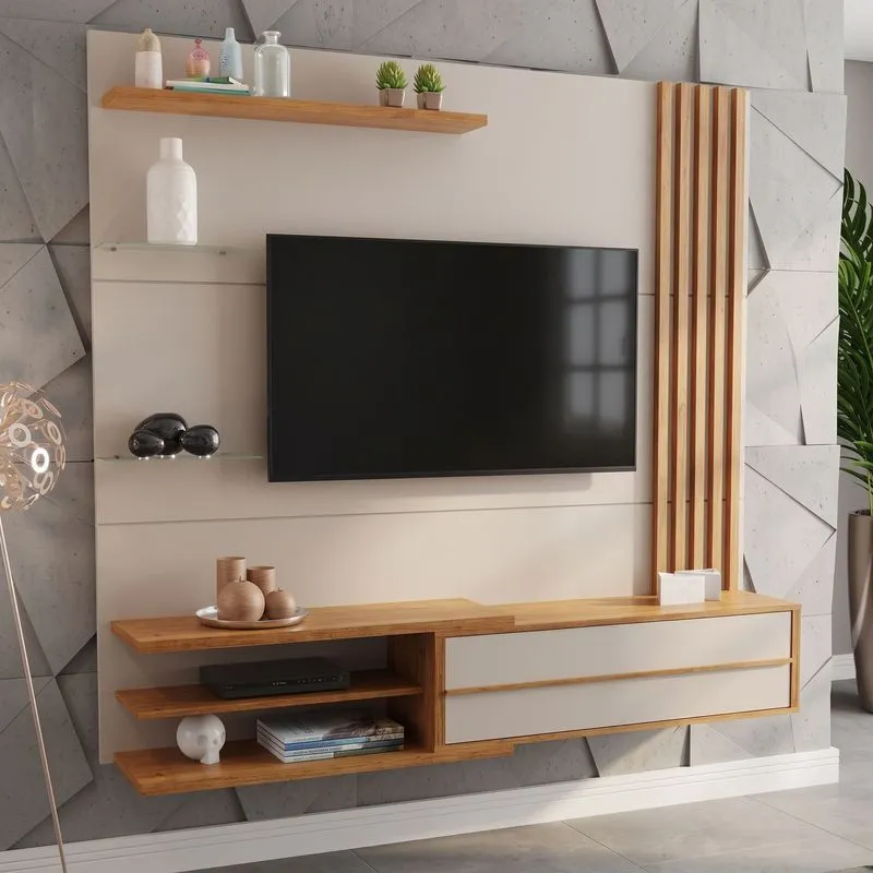 Painel Para Tv Até 60 Polegadas Ripado 1 Porta Zinder Viero Off White/mel