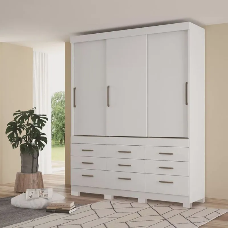 Guarda Roupa Casal 3 Portas de Correr 9 Gavetas Click com Pés
