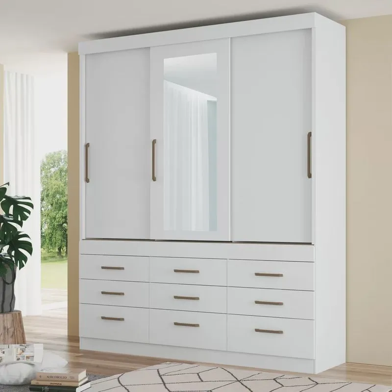 Guarda Roupa Casal 3 Portas de Correr 9 Gavetas Click com Espelho