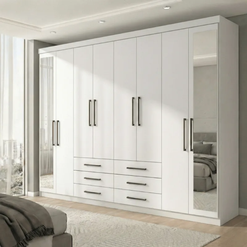 Guarda Roupa Casal com Espelhos 8 Portas e 6 Gavetas Master Branco Branco
