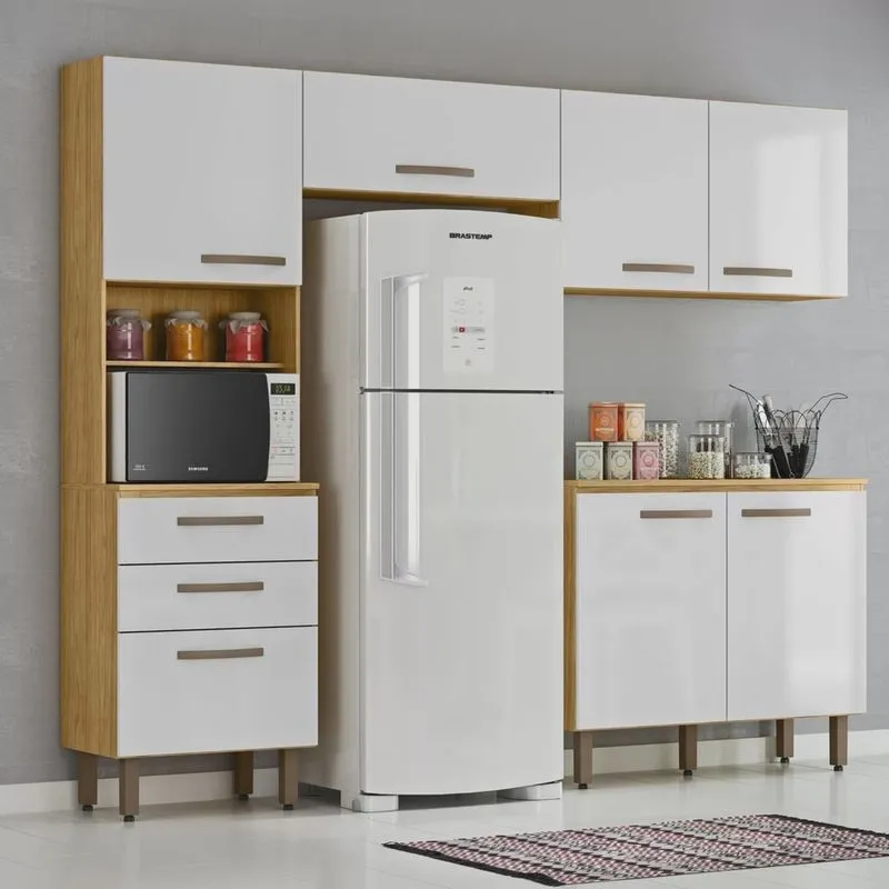 Cozinha Compacta 4 Peças Balcão com Tampo 3 Portas de Vidro Lana Espresso Móveis