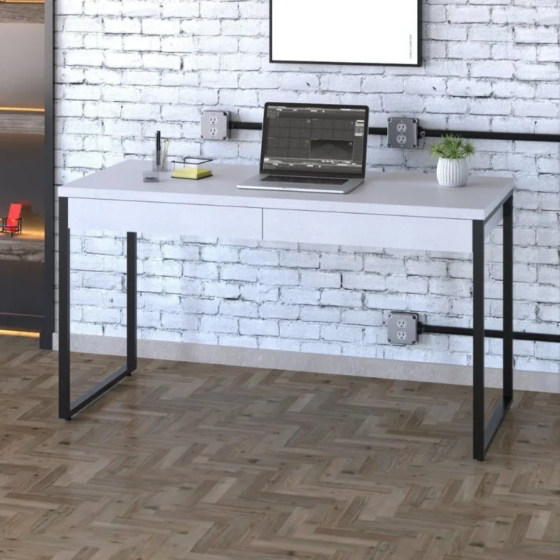 Escrivaninha Mesa Escritório Kuadra 2 Gavetas 135cm Industrial Branco Chess Marrom Branco Chess