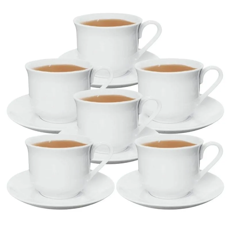 Jogo De Xícaras E Pires 12 Peças Caneca Em Porcelana Branca