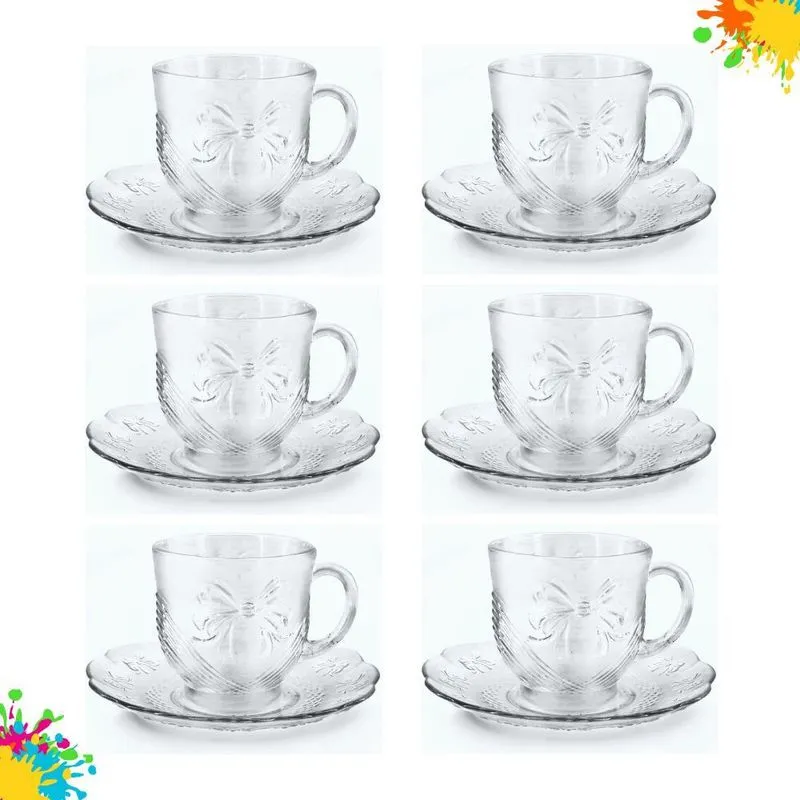 Jogo De Xícaras E Pires Em Vidro 12pçs Chá/café Transparente