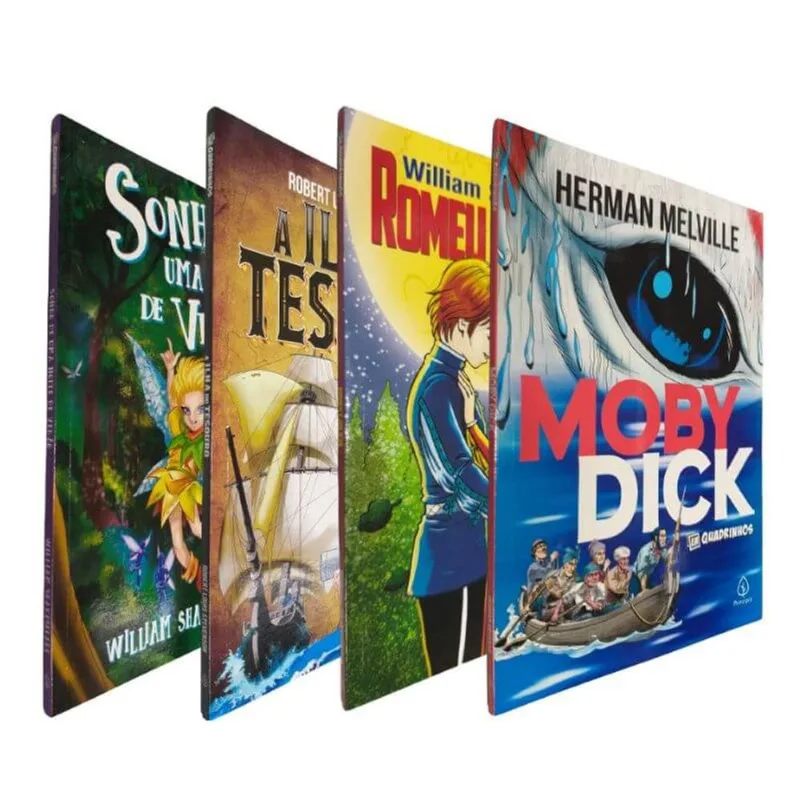 4 Livros Físicos Clássicos Em Quadrinhos I Moby Dick A Ilha Do Tesouro Romeu E Julieta Sonho De Uma Noite De Verão