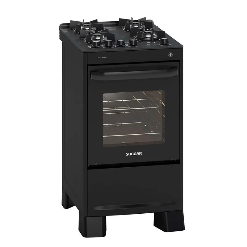 Fogão Suggar 4 Queimadores Max Glass Mesa De Vidro Preto Fgvmg410pt 127v