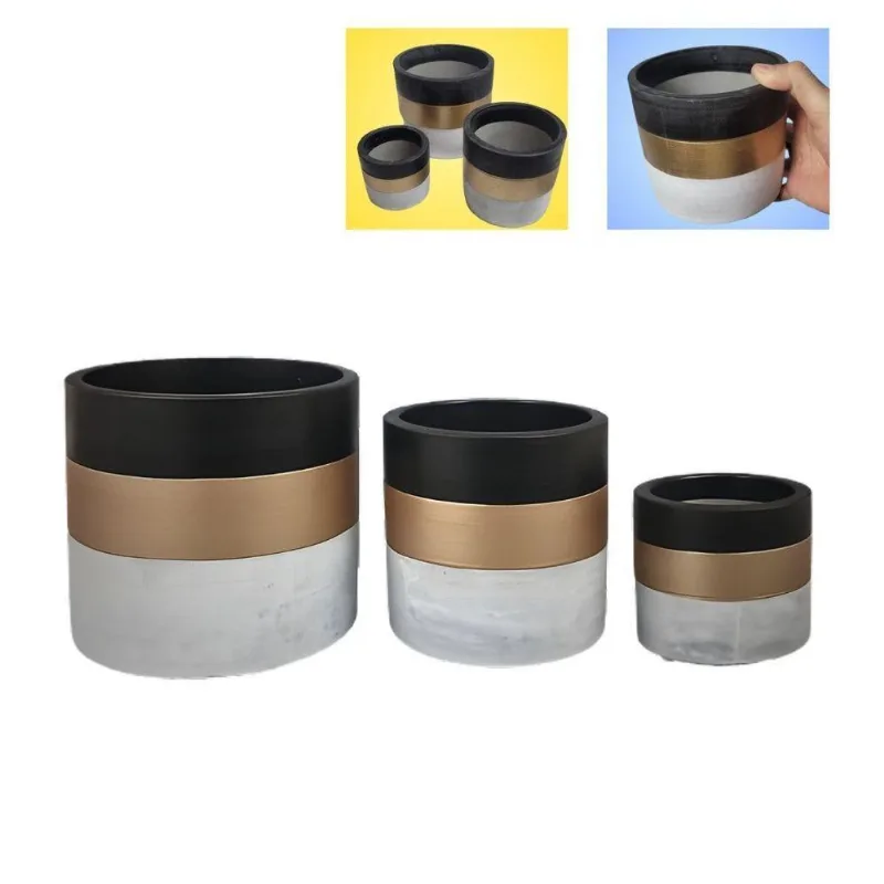 Kit Vaso Cachepots Conjunto De 3 Peças Cilíndrico 7,5 Cm 8,5 Cm 11 Cm 11,5 Cm Cimento Cinza Dourado