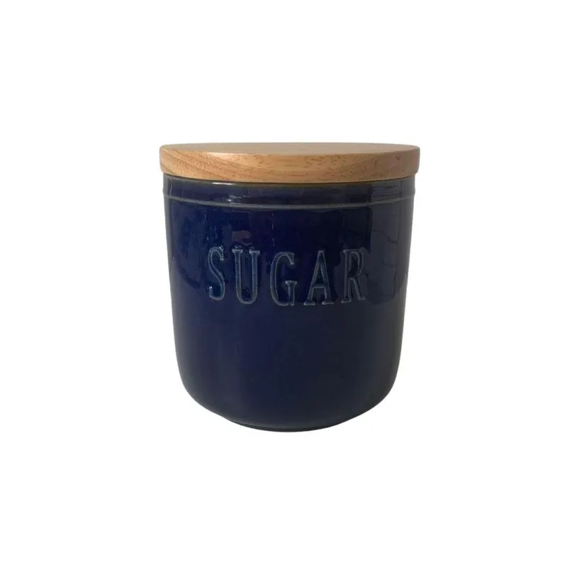 Pote De Açúcar Em Cerâmica Azul Com Tampa De Bambu