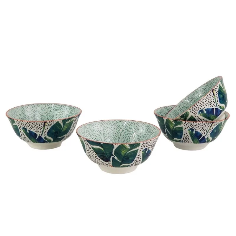 Conjunto De Bowls Estampa Folhas Verdes e Bolinhas (4 Peças)