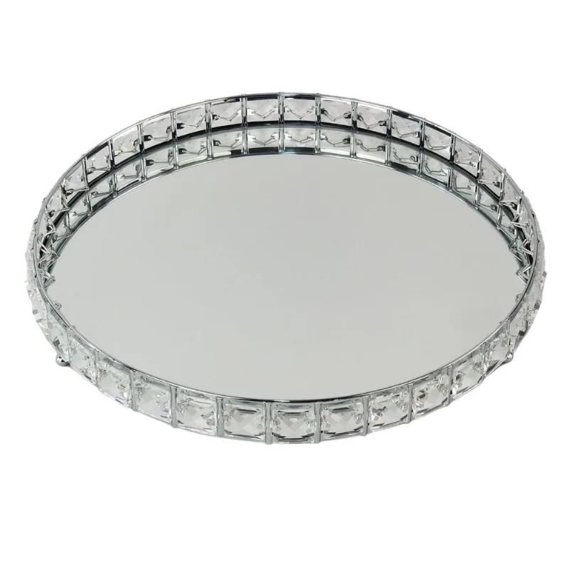 Bandeja Redonda Grande Espelhada - Metal Prateado Com Pedras