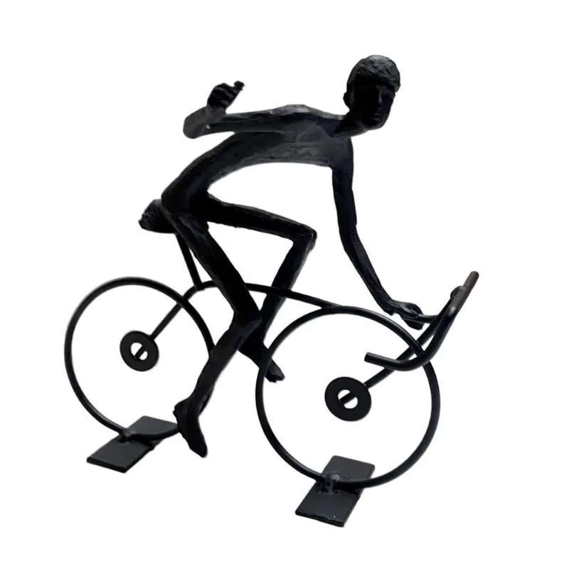 Escultura ciclista decor de resina E metal preto acenando