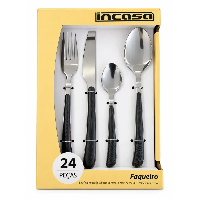 Conjunto de Talheres de Metal com Cabo Preto - 24 Peças