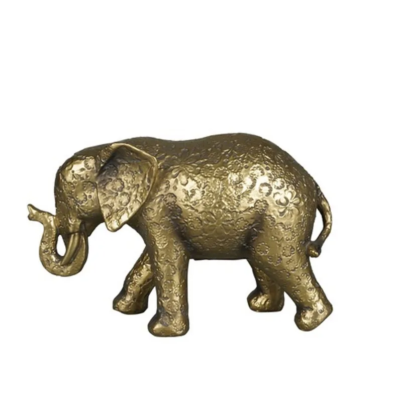 Escultura elefante de resina dourado com texturas de flores