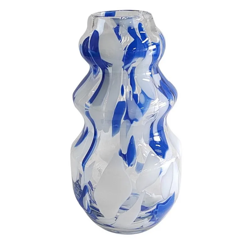 Vaso de vidro decorativo com manchas azuis E brancas 31CM