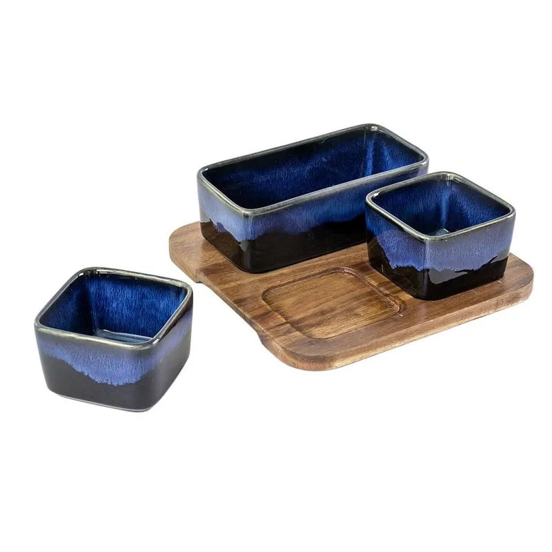 Porta aperitivos de ceramica azul E base de madeira - 3 pcs