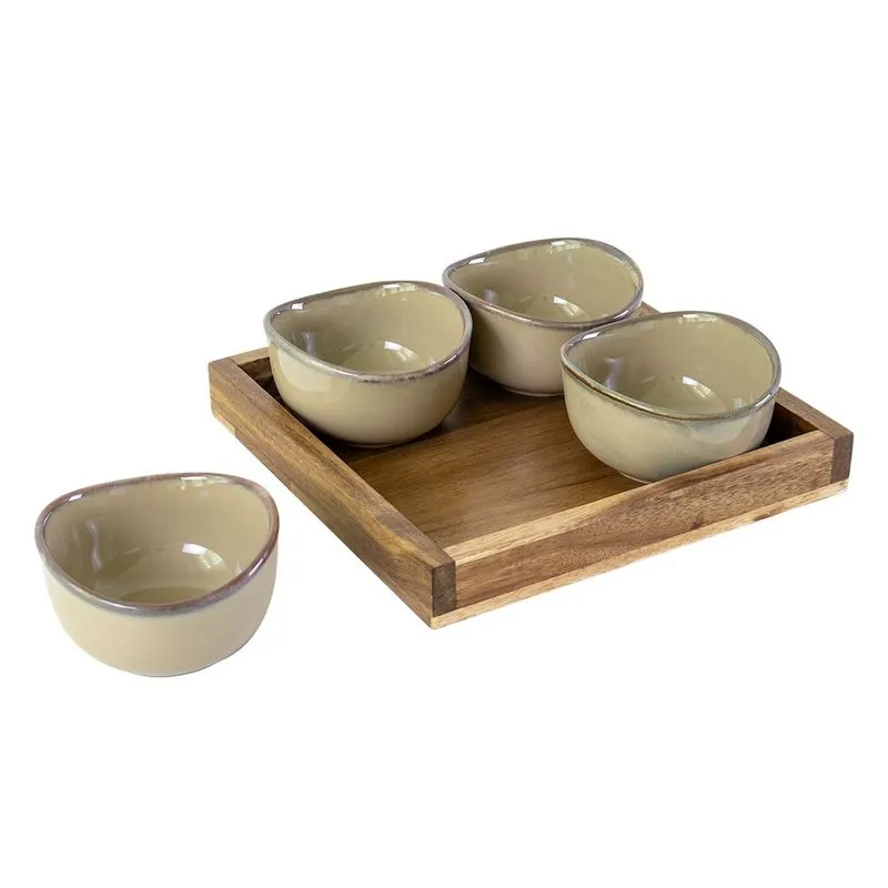 Porta aperitivos de ceramica bege E base de madeira - 4 pcs