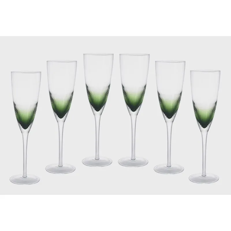 Jg 6 taças champagne cristal lapidado c/ fundo verde 250ml