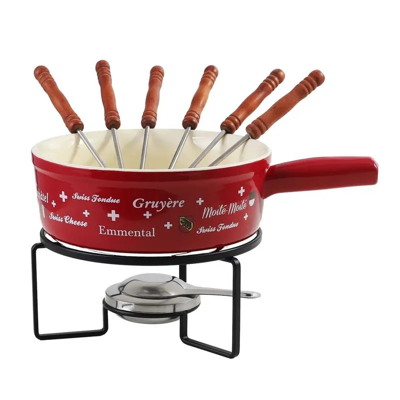 Aparelho de fondue vermelho em metal com 06 espetos