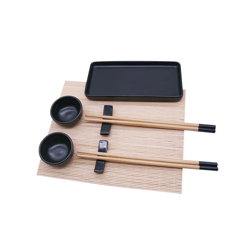 KIT DE COMIDA JAPONESA PARA 2 PESSOAS BAMBOO E CERAMICA NATURAL E PRETO 8PCS