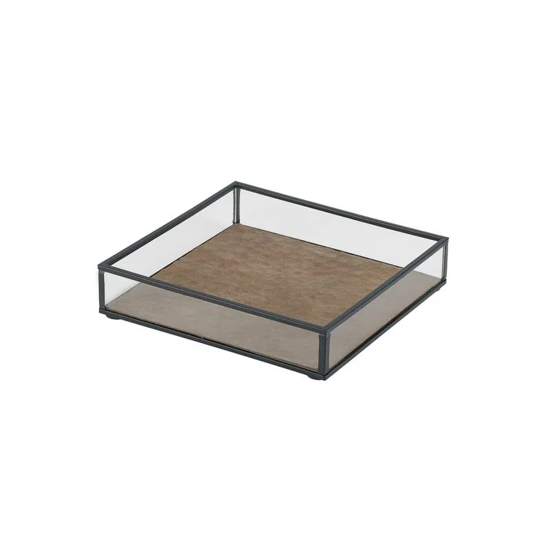BANDEJA DECORATIVA EM VIDRO METAL E COURO SINTETICO MARROM TRANSPARENTE E PRETO