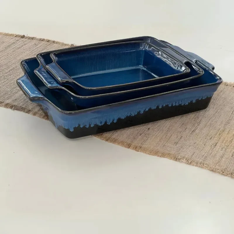 Conjunto 3 Travessas Retangulares Cerâmica Azul Refúgio
