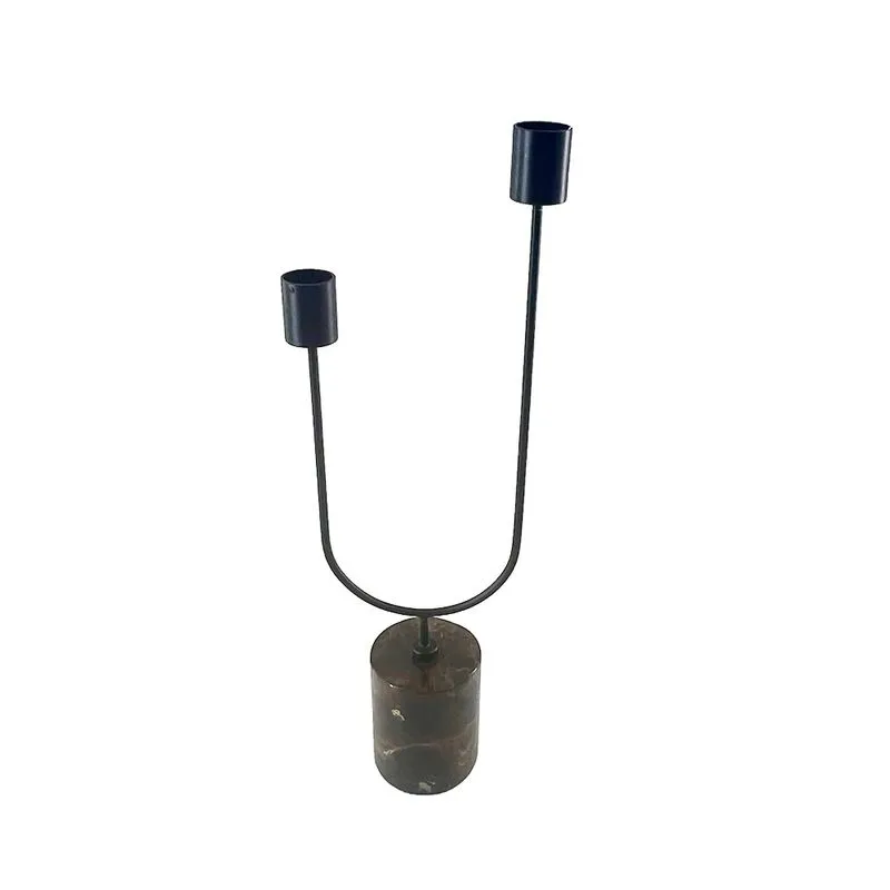 Castiçal em Metal e Marmore Preto e Marrom