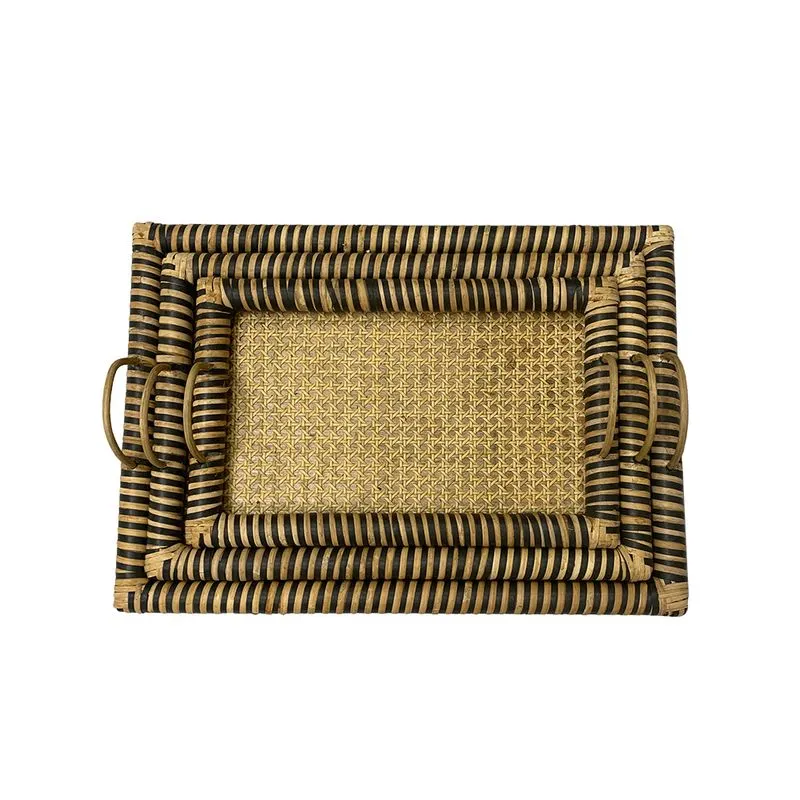 Conjunto de Bandejas em Madeira e Fibra Rattan Natural e Preto 3 Peças